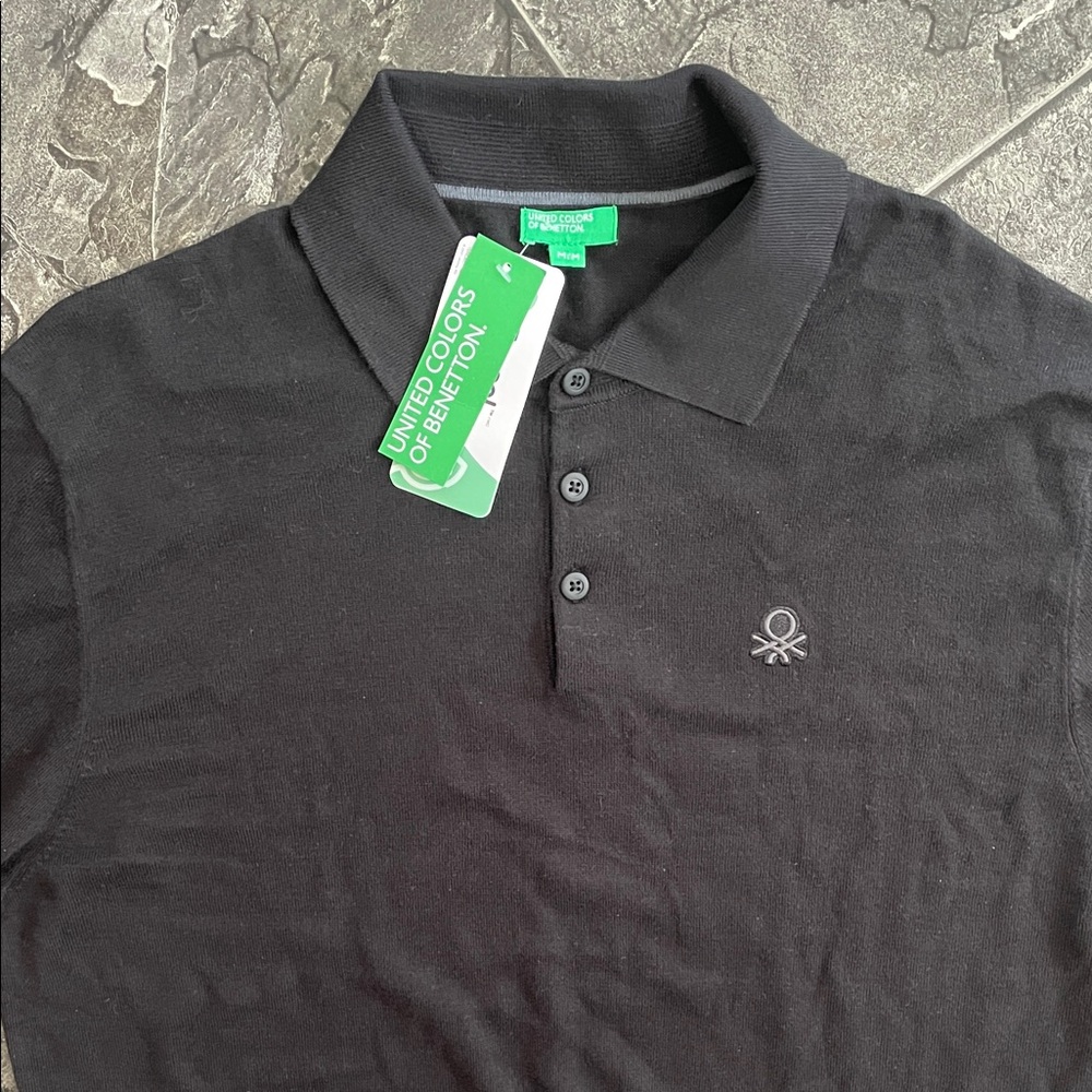 ⭐️NWT UNITED COLORS OF BENETTON Black Preppy Business Casual Long Sleeve Polo